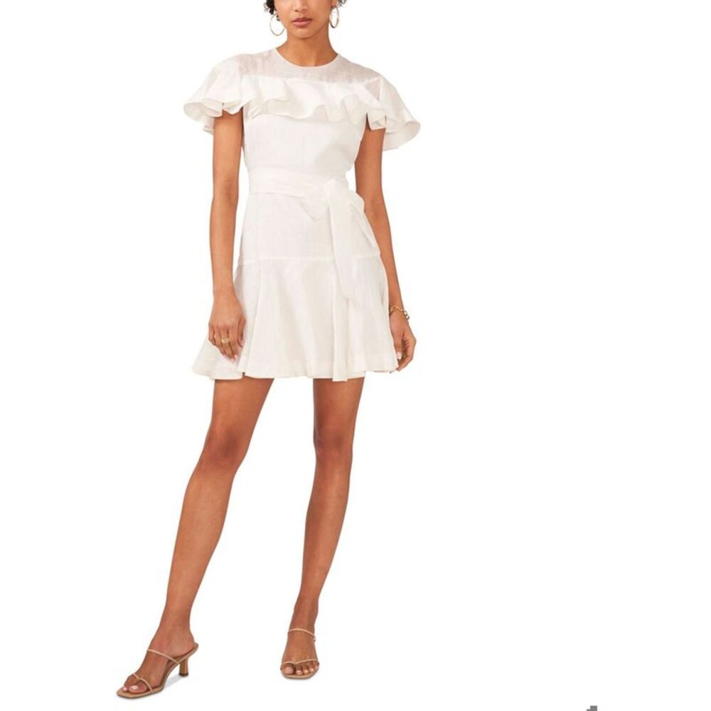 CeCe Womens Belted Ruffled Mini Fit & Flare Dress, White, 8, DM